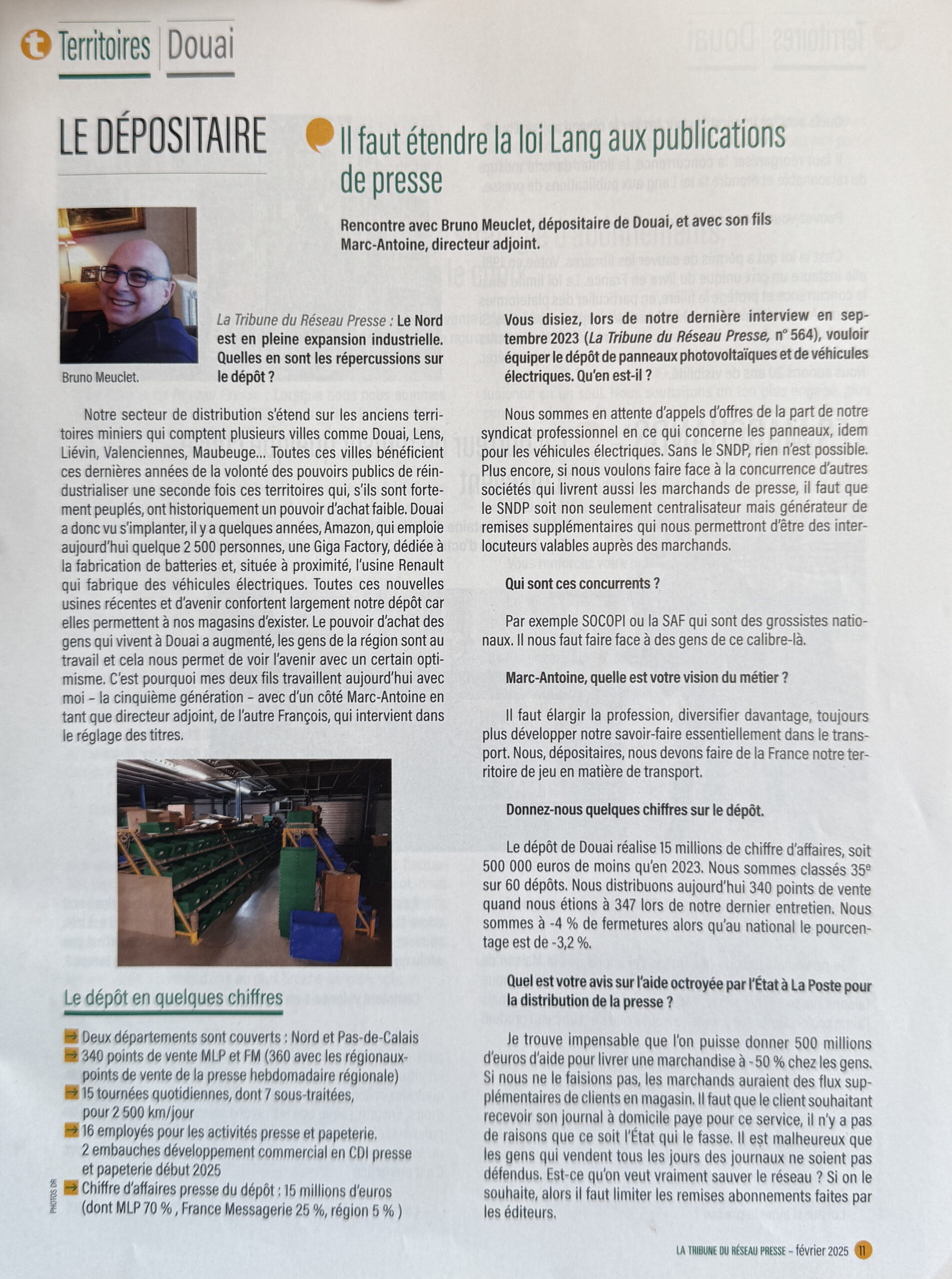 Article de presse datant février 2025 interview de Bruno Meuclet et son fils Marc-Antoine Meuclet directeur adjoint dépositaire de Douai
